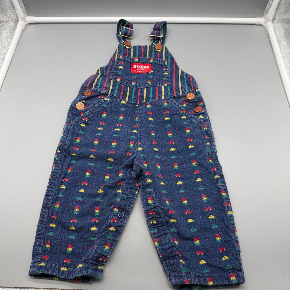 OshKosh B'gosh Vintage Denim Overalls Cars Traffic Lights Striped 6/9M USA Made